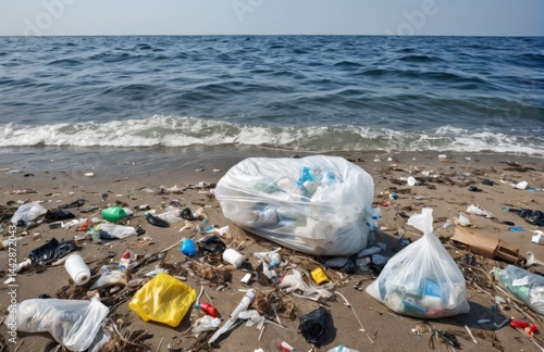 海岸に放置されたゴミ、海洋汚染、環境問題、マイクロプラスチック