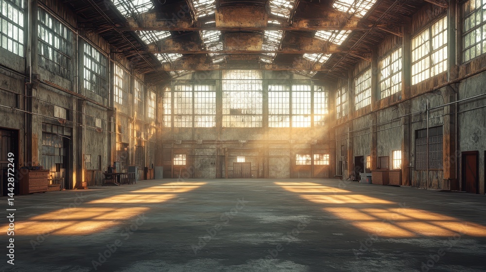 Sunlit abandoned industrial warehouse with rustic charm and atmospheric lighting Sunlit abandoned industrial warehouse with rustic charm and atmospheric lighting