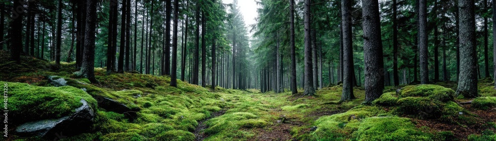 Fototapeta premium Green moss across peaceful landscape with natural beauty concept. A serene forest scene with moss-covered ground and tall trees.
