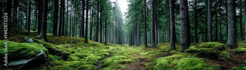 Green moss across peaceful landscape with natural beauty concept. A serene forest scene with moss-covered ground and tall trees.
