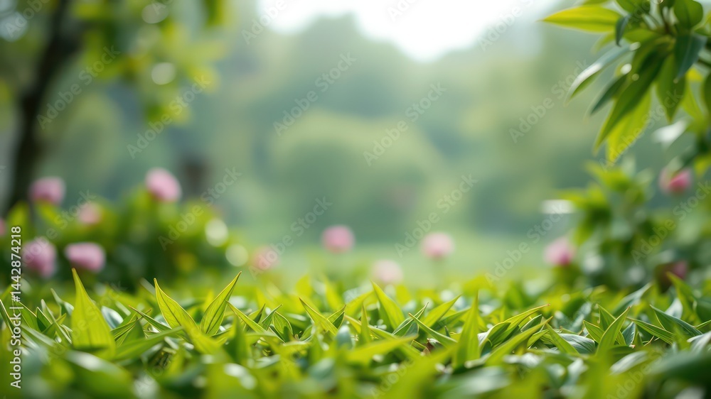 Serene Springtime Garden Landscape Featuring Lush Green Foliage and Delicate Pink Blossoms in Soft Focus Serene Springtime Garden Landscape Featuring Lush Green Foliage and Delicate Pink Blossoms in Soft Focus
