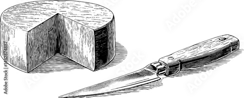 Engraved illustration of cheese maker with wheel and knife for culinary art and design
