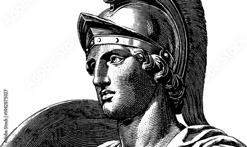 Detailed engraved illustration of classical temple guardian statue