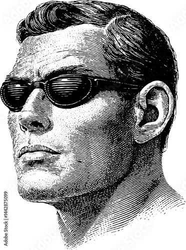 Engraved illustration of bodyguard with earpiece and sunglasses. Vintage black and white design