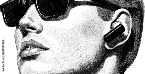 Engraved illustration of bodyguard with earpiece wearing sunglasses