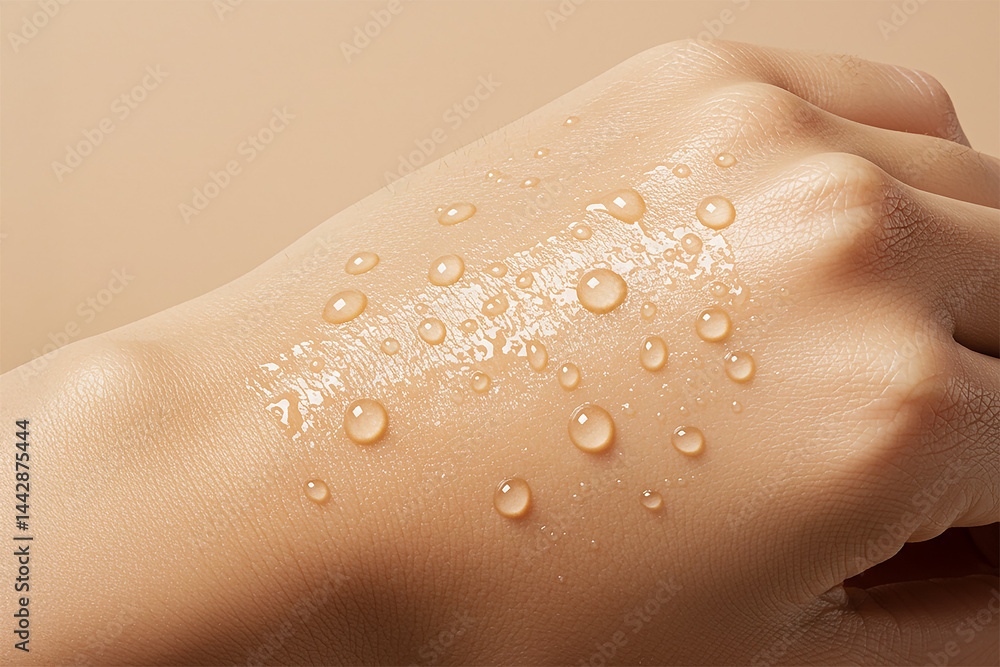 Fototapeta premium Glowing serum drops on healthy hand skin close-up in skincare ad concept