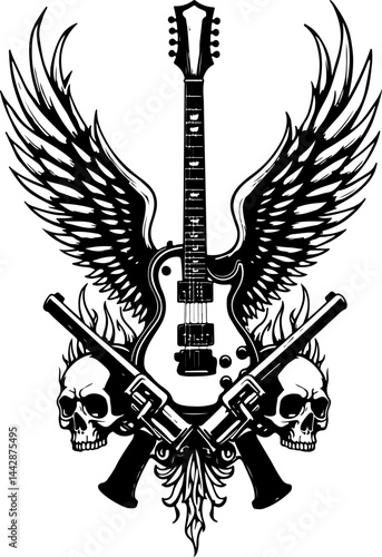 roll, Rock music, Musical instrument, Freedom, Winged Electric Guitar  skull  with Stars and Banner vector bundle