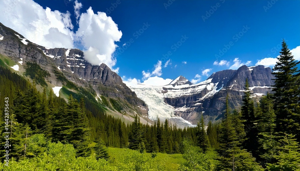 Obraz premium Jackson Glacier is nestled between its mountain neighbors under puffy white clouds and a bri.