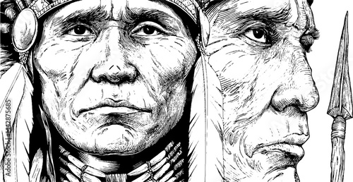 Engraved tribal leader bust with spear illustration for cultural and historical design