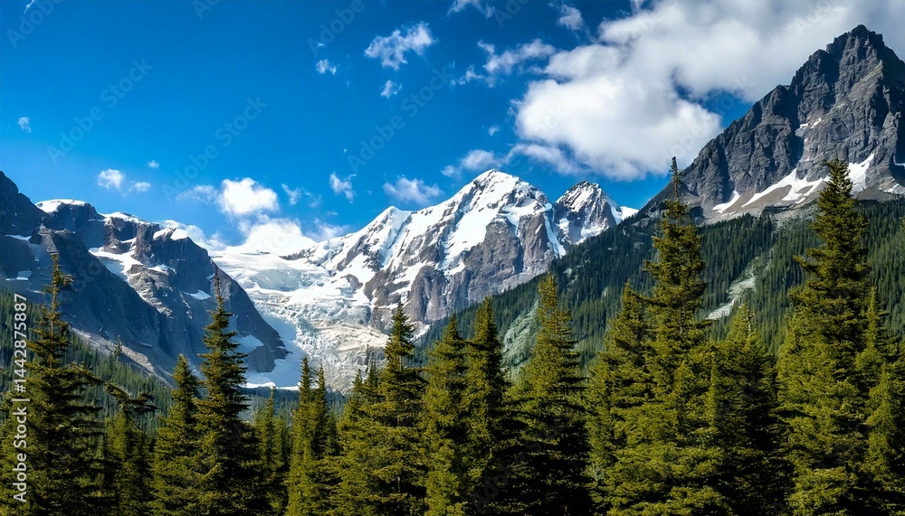 Fototapeta premium Jackson Glacier is nestled between its mountain neighbors under puffy white clouds and a bri.