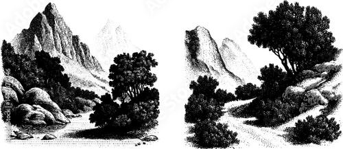 Engraved illustration set of misty mountain and hillside landscapes for nature design