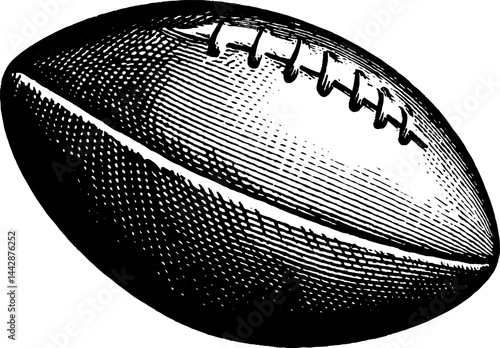 Vintage engraved football illustration in bold black design for sports art