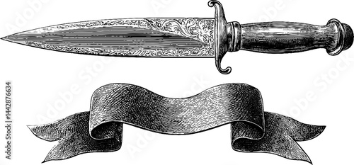 Engraved illustration of persian dagger and ornamental ribbon design