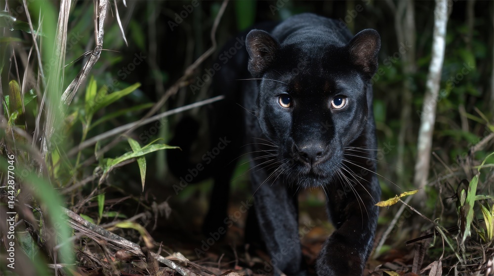 Fototapeta premium Black Panther Emerging from the Jungle