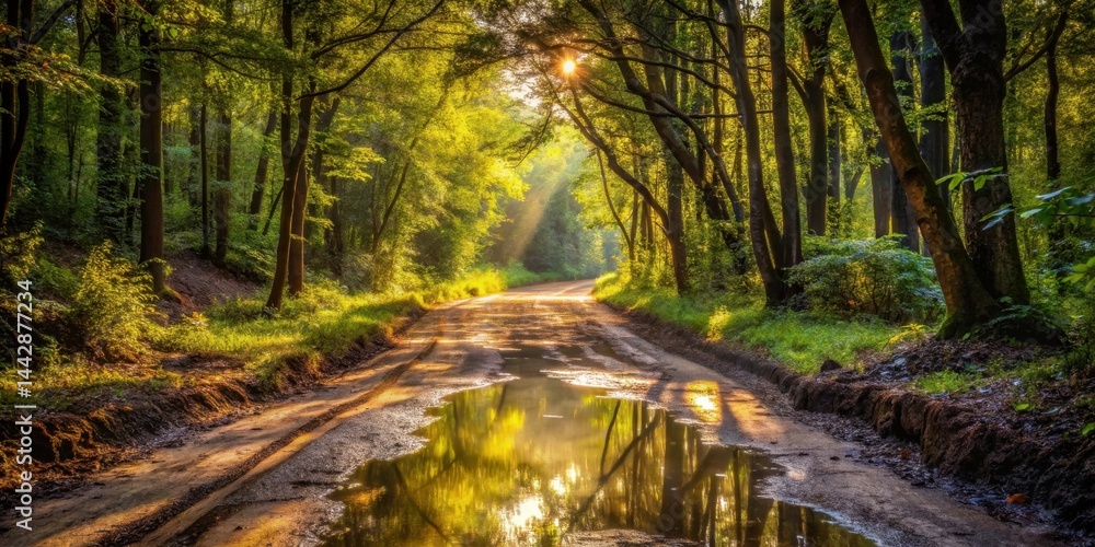 Obraz premium Golden sunlight filters through trees lining a forest path, reflecting in a puddle on the muddy road.