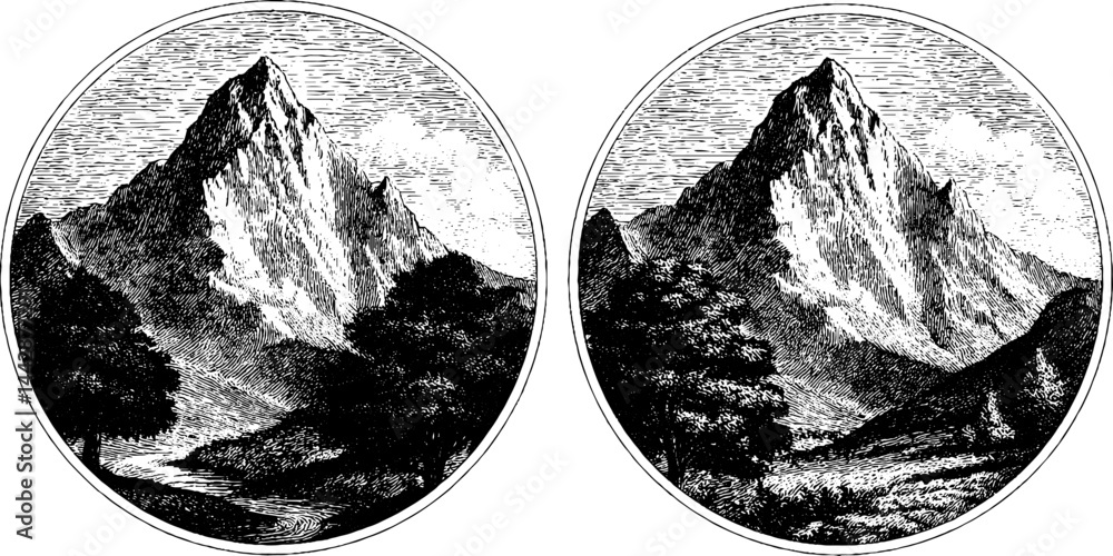 Obraz premium Engraved mountain illustrations symbolizing ambition and achievement for elegant design projects