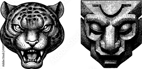 Intricate engraved artwork featuring mayan temple and fierce jaguar mask design