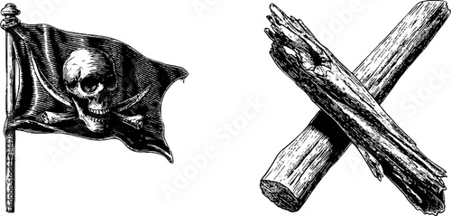 Engraved pirate flag and crossed wood illustration for nautical and adventure themes