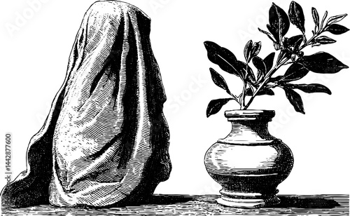 Engraved illustration of draped goddess statue with vase and leaves
