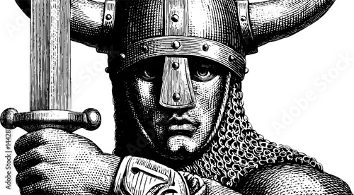 Engraved viking warrior statue illustration with helmet and sword