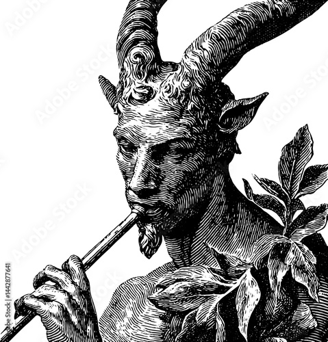 Mythological faun playing flute in detailed engraved artwork