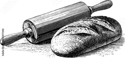 Vintage bakery tools and bread engraving for culinary design