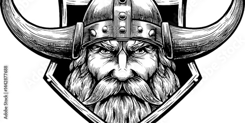 Engraved viking warrior statue illustration with helmet and shield for historical design
