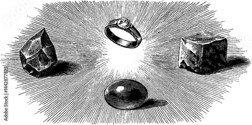 Vintage engraving of jeweler and gemstone elements