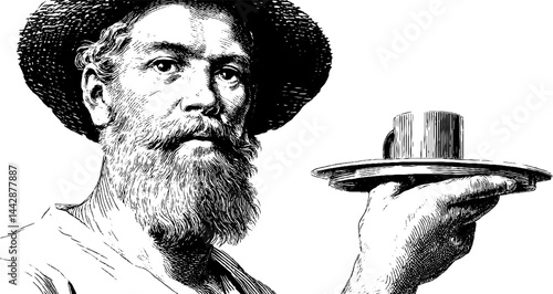 Engraved illustration of an innkeeper holding a tankard - vintage hospitality concept design