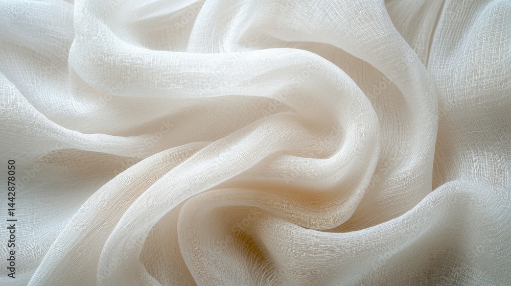 Fototapeta premium Flowing white fabric texture with elegant wavy patterns in soft light