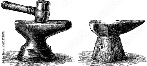Intricate engraved illustration of blacksmith hammer and anvil set for craft enthusiasts