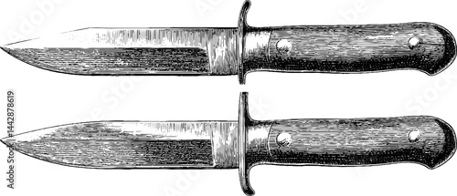 Engraved knife illustration set showcasing bravery and sharp blades for design purposes