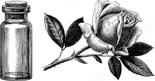 Engraved illustration of perfume vial with rose. Vintage botanical design in black and white