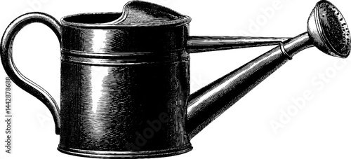 Vintage engraved watering can illustration for gardening and design projects