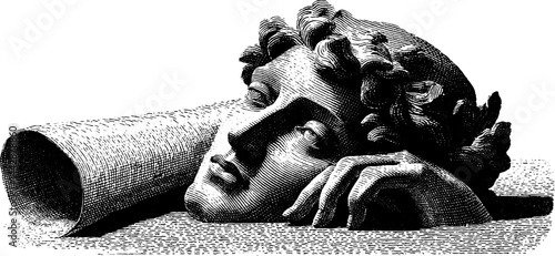 Engraved illustration of scholar bust and open book for educational design