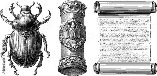 Ancient egyptian engraved illustrations of scarab, cylinder seal, and papyrus scroll for historical design