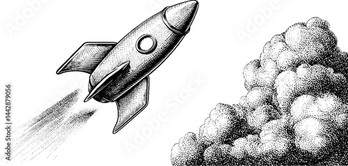Vintage rocket ship launch with ascending trajectory and detailed clouds illustration for retro design