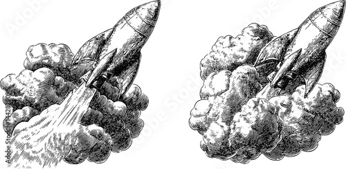 Vintage rocket ship launch illustration set for space exploration design