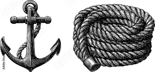 Engraved nautical illustration set featuring pirate anchor and coiled rope design