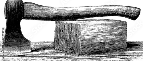Engraved illustration of executioner axe and woodblock for historical design
