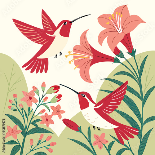 boho style Illustration of colibri birds in wall art design. 