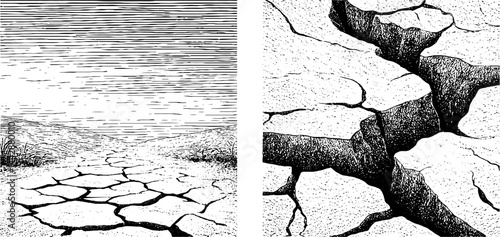 Engraved illustration set featuring despair and cracked earth patterns for artistic design