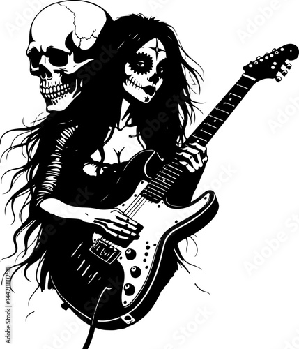 Day of the Dead Female Guitarist with Skull vector design