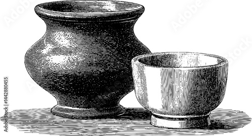 Traditional pottery art: engraved illustration of clay jugs and craftsmanship