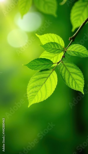Young hornbeam branch, vibrant green leaves, sunlight dappled , detail, outdoor, sunlight
