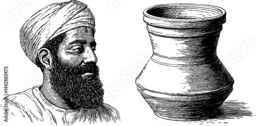 Engraved portrait of potter and traditional clay jug design