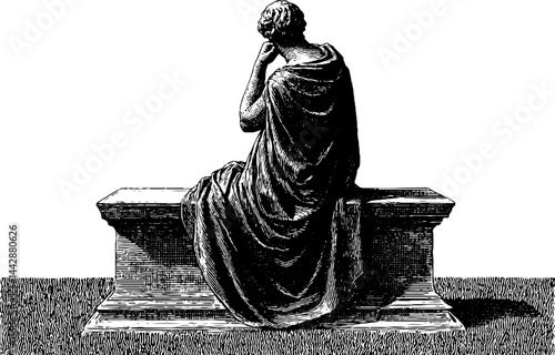 Classical engraved illustration of a thinking man statue for art and design inspiration