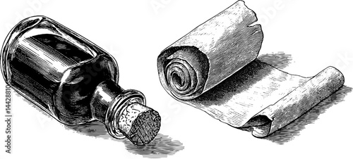 Engraved nautical illustration of pirate bottle and rolled scroll for vintage design