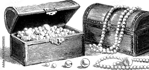 Engraved illustration of pirate treasure chest filled with gems and pearls for historical design