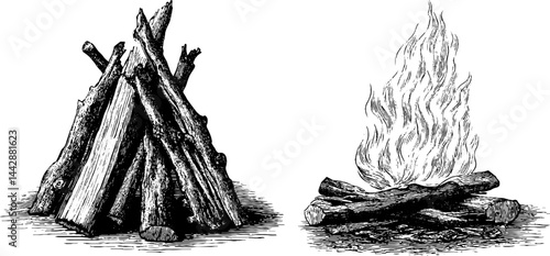 Engraved illustration set of campfire and roaring flames for rustic designs